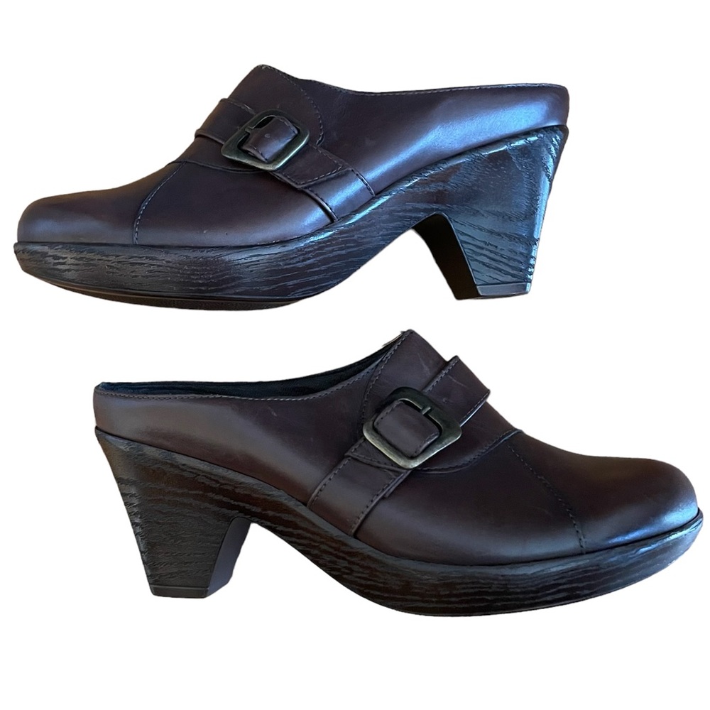 NWOB Munro Dark Brown Leather Slip On Clog 3" Heel Buckle/Strap Detail Size 10
